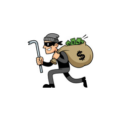 Cartoon burglar running with a money bag and a crowbar