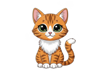 Adorable orange tabby kitten with big green eyes isolated on transparent background