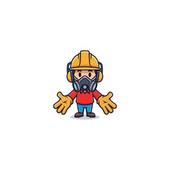 Cartoon construction worker with a gas mask and gloves
