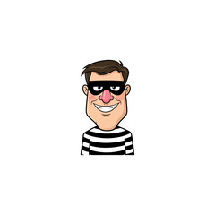 Cartoon thief character with mask and striped shirt