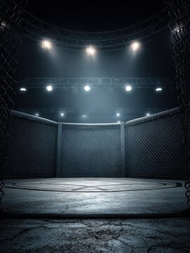 empty mma octagon cage under bright lights in dark arenachainlink enclosure and dramatic spotlight evoke tension anticipation and symbolic combat in professional fight setting