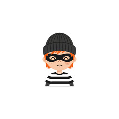Cartoon thief with a black mask and striped shirt looking at you.