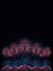 symmetrical fireworks display with large red bursts and a row of blue chrysanthemums against a black background for a festive event