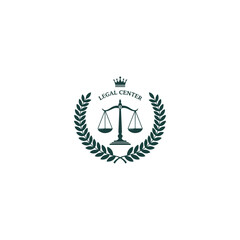 Legal center logo featuring a scale within a wreath and crown.