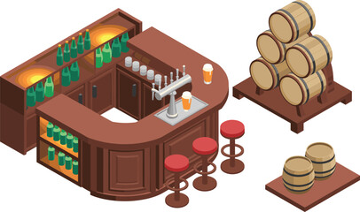 Isometric 3D illustration of rustic wooden bar interior with beer taps, stools, shelves, and barrels in vintage pub design