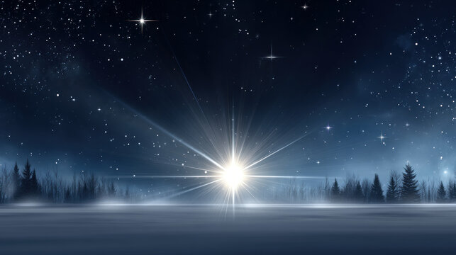 A bright and snowy Christmas Eve sky with twinkling stars, space for adding text. Merry Christmas and Happy Holidays greeting card, frame, and banner. New Year. Noel. Winter Christmas theme. - Powered by Adobe
