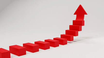 A 3D rendered image of a red arrow pointing upward, made up of multiple rectangular steps that increase in size as they rise.
