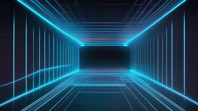 Immersive futuristic neon tunnel glowing with electric blue light, digital cyberspace journey