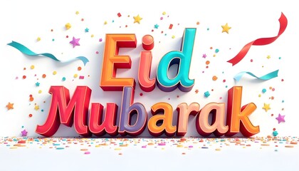 Colorful and festive “Eid Mubarak” greeting with confetti, stars, and ribbons celebrating the joyous Islamic festival.