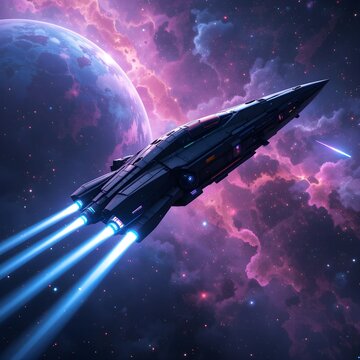 sleek spaceship flying through space with glowing engine against nebula and planet background