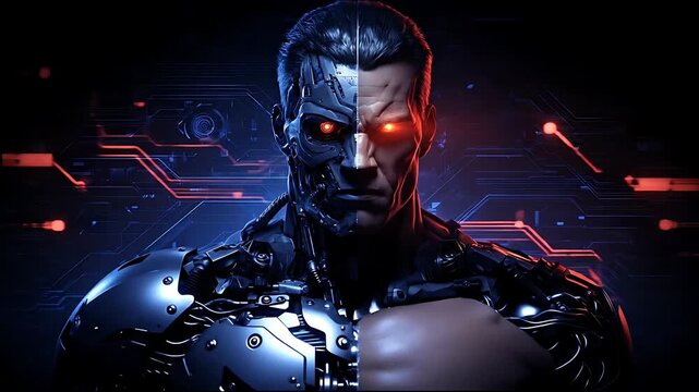 Split humanoid robot with glowing red eyes on circuit background