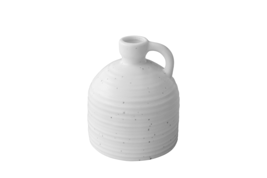 Minimalist modern white ceramic jug or vase with a handle, horizontal lines, and a speckled texture, isolated on clean transparent background for design and interior decor purposes. PNG File