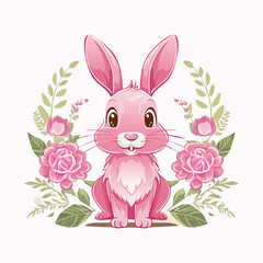 Obraz premium Pink cartoon rabbit with floral elements isolated on a white background