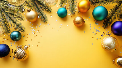 Top view of Christmas tree decorations, toys, balls and confetti yellow surface with empty space for text. Festive, Christmas background. Merry Christmas and Happy Holidays greeting card, frame, and b
