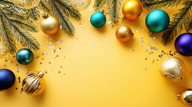 Top view of Christmas tree decorations, toys, balls and confetti yellow surface with empty space for text. Festive, Christmas background. Merry Christmas and Happy Holidays greeting card, frame, and b