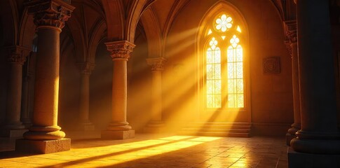 Obraz premium Golden Light Streams Through Stained Glass in Ancient Temple, Illuminating a Sacred Space with Divine Radiance and Spiritual Awakening