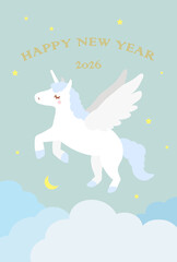 午年の年賀状2026年　ミントグリーンの空を駆けるユニコーン