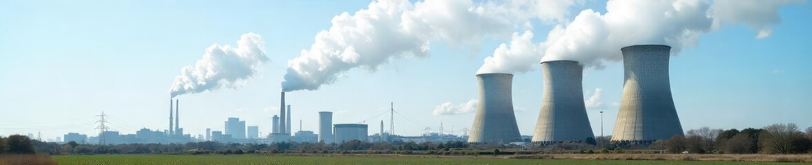 Imposing Industrial Cooling Towers on a Sunny Day, Steam Rising, Power Plant, Large Scale Energy Production
