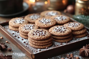 Tray of chocolate chip cookies, fresh and tempting.