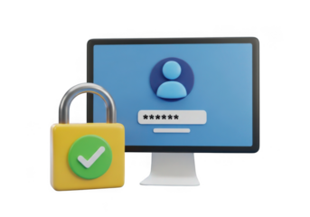 3d padlock with checkmark and computer screen showing login isolated on transparent background