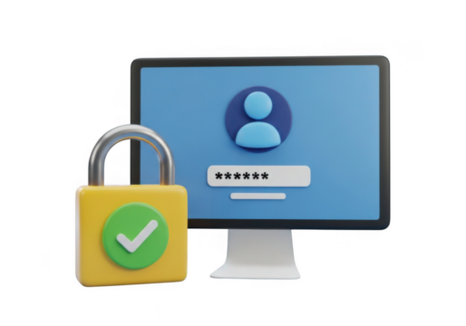 3d padlock with checkmark and computer screen showing login isolated on transparent background - Powered by Adobe