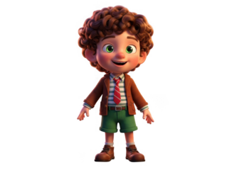 Animated cartoon boy with curly brown hair wearing a jacket and shorts isolated on transparent background