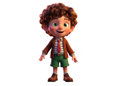 Animated cartoon boy with curly brown hair wearing a jacket and shorts isolated on transparent background