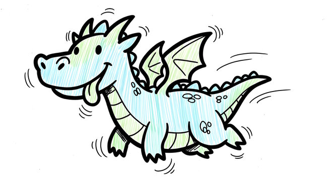 Joyful cartoon dragon with wings and a long tail in motion
