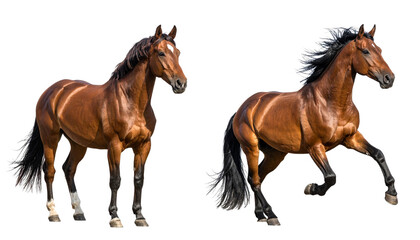 Two majestic brown horses isolated on transparent backgroun