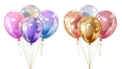 Two sets of colorful luxury clear balloons isolated on transparent background