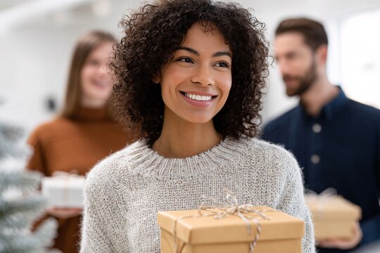 Coworkers joyfully exchange gifts during a festive office celebration