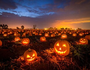 Illuminated Jack-o-Lanterns in a Pumpkin Patch at Night.