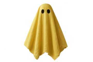Yellow ghost costume for halloween or party, cute sheet ghost character for spooky fun, transparent background