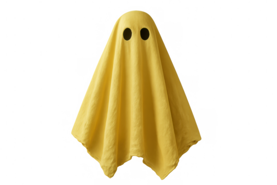 Yellow ghost costume for halloween or party, cute sheet ghost character for spooky fun, transparent background
