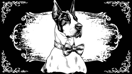 Elegant Doberman dog illustration, vintage black & white, with bow tie and ornate decorative frame design, distinguished pet art