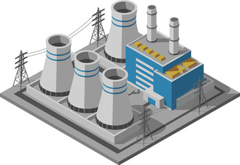 isometric power plant illustration, 3d industrial energy station, cooling towers and electricity transmission lines, modern nuclear plant, renewable energy facility