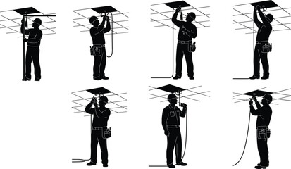 Silhouette vector illustration of worker performing ceiling installation tasks with tools, measuring, drilling, inspecting, construction, maintenance, repair, safety, and labor