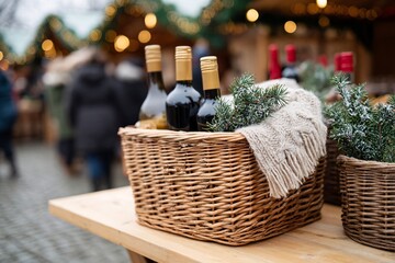 Gift baskets filled with wine and greenery at a Christmas market