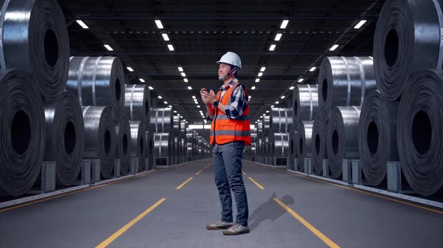 Full Body Side View Of Asian Male Engineer With Safety Helmet Smiling And Clapping His Hands While Standing with Stacks of Huge Metal Steel Coils