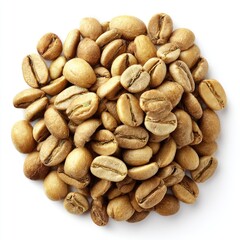 Obraz premium Roasted coffee beans, light tan color, piled in a circle against a white background