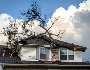 A large tree rests on top of a damaged residential roof