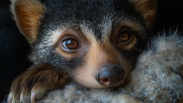 Close up of a cute kinkajou resting its head on its paws.