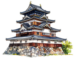 Fototapeta premium Watercolor Symbol of Japanese Heritage: Majestic multi-tiered structure, a testament to its cultural significance and architectural ingenuity. This visual feast unveils the artistry.