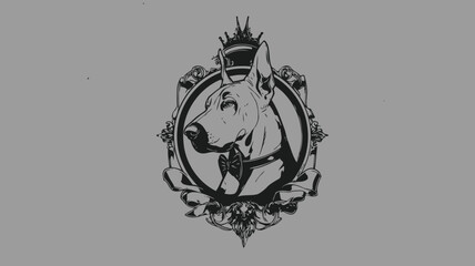 Elegant Bull Terrier Dog Head Emblem with Crown and Ornate Frame, Vintage Monochrome Illustration