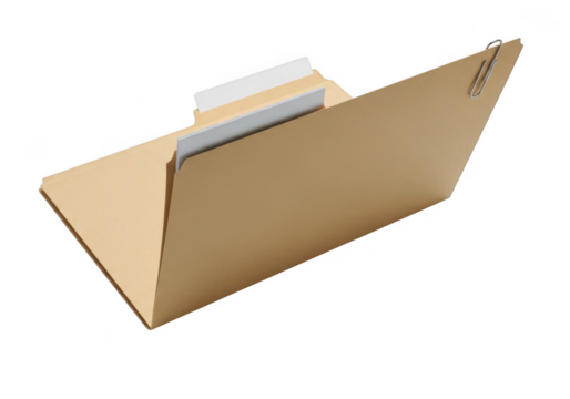 Brown cardboard file folder with papers inside isolated on transparent background