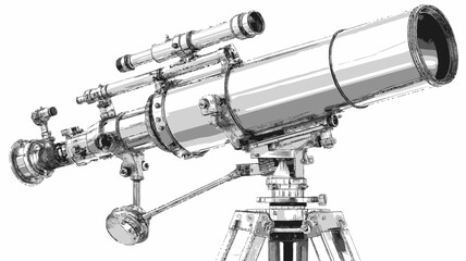 Detailed monochrome illustration of a vintage astronomical refractor telescope on a tripod, ideal for celestial observation and science education.