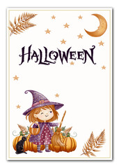 Watercolor frame with “Halloween” lettering, witch, cat, pumpkins, and moon in a whimsical style. Perfect for holiday cards, party invitations, and seasonal designs.