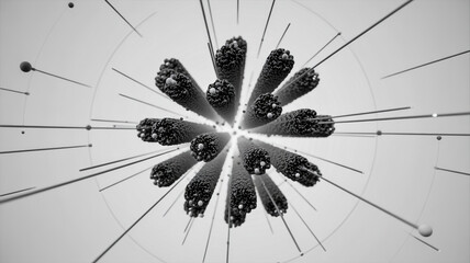A black and white digital art piece depicting a spherical particle cloud formation.
