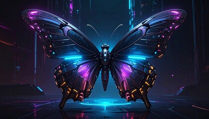 A luminous cybernetic butterfly with intricate digital wings glowing with vibrant neon blue and purple lights, representing a concept of digital metamorphosis