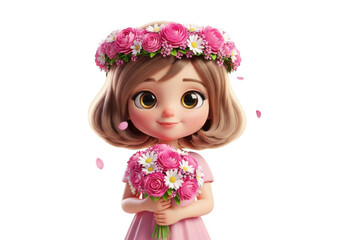 Fototapeta premium Cute cartoon girl with flower crown and bouquet isolated on transparent background